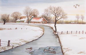 Ari Stolk - Winterlandschap boerderij, bevroren sloot en eenden kopen? Bied vanaf 60!