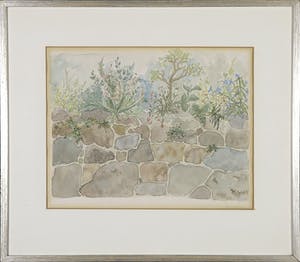 Niet of onleesbaar gesigneerd - Aquarel, Stenen muurtje met planten - Ingelijst kopen? Bied vanaf 1!