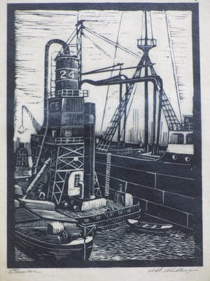 Antonius Hubertus Nordberg - Graanelevator in de haven - Houtsnede kopen? Bied vanaf 30!