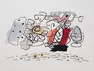 Piet Ouborg - CoBrA-achtige compositie, met de hand ingekleurde en gesigneerde litho kopen? Bied vanaf 295!