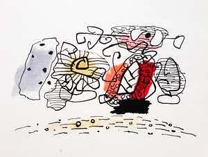 Piet Ouborg - CoBrA-achtige compositie, met de hand ingekleurde en gesigneerde litho verkocht voor € 295!