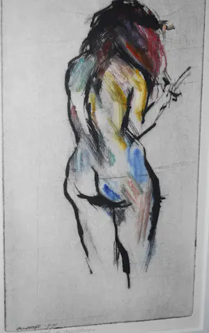 Bob ten Hoope - Staand naakt - Droge naald ets in kleur - 1991 - in een prachtlijst [zuurvrij] kopen? Bied vanaf 115!