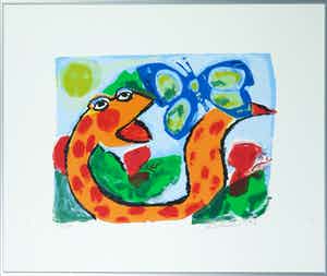 John Lie a Fo - Zeefdruk, Papillion Blu et serpent - Ingelijst verkocht voor € 35!