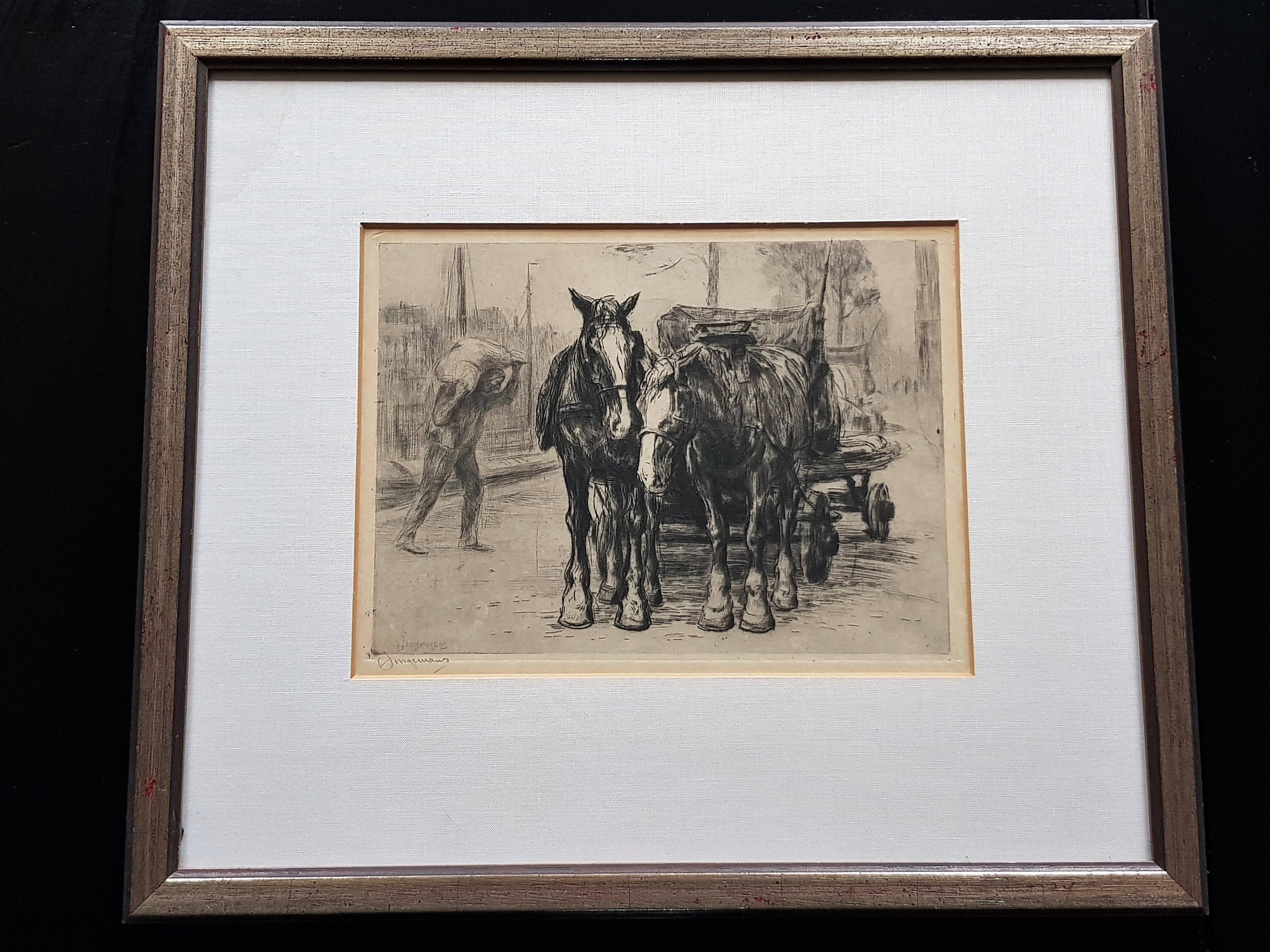 Waalko Jans Dingemans (sr.) - Werkende man met paard en wagen - Dubbel gesigneerd kopen? Bied vanaf 25!