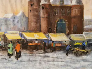 Cornelis de Bruin - ca. 1920 - sfeervolle pastel "Winters Amsterdam Nieuwmarkt" gesigneerd kaufen? Bieten Sie von 58!