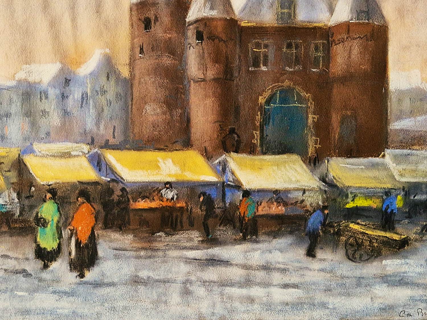 Buy Cornelis de Bruin - ca. 1920 - sfeervolle pastel "Winters Amsterdam Nieuwmarkt" gesigneerd? Bid from 58!