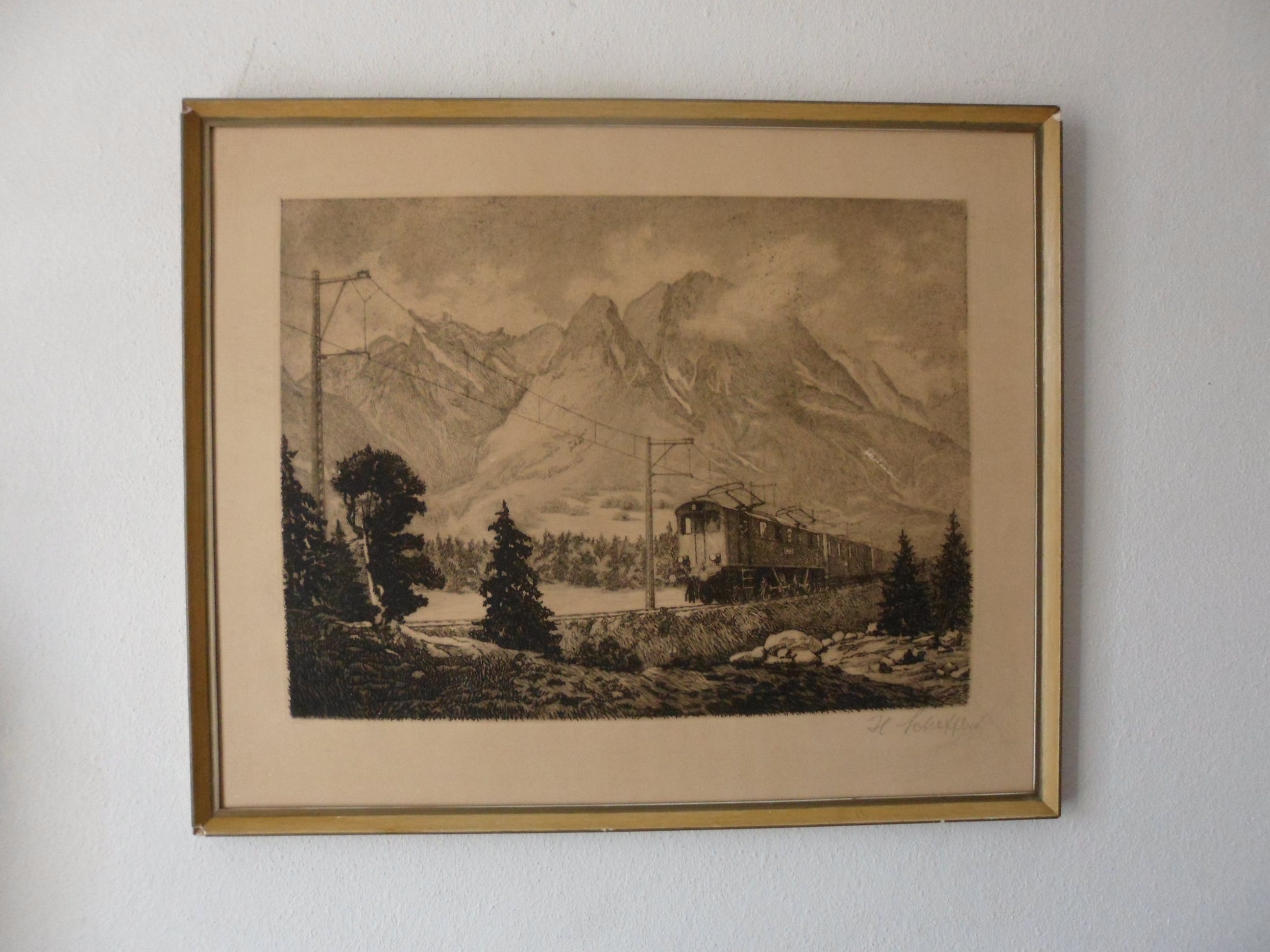 Niet of onleesbaar gesigneerd - Ets van een berglandschap met een trein. kopen? Bied vanaf 1!