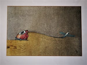 Niet of onleesbaar gesigneerd - Galerie Hofstee F"furt - handgekleurde Ets - Vis en Vliegtuig - gesigneerd kopen? Bied vanaf 10!