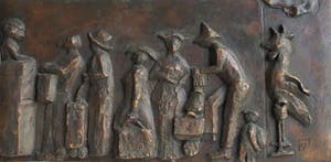 Carla Commijs - Bronzen plaquette, “Wachten in de rij....” – gesigneerd – 19 kg kopen? Bied vanaf 425!