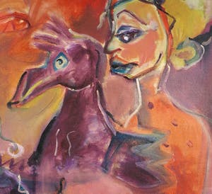 Christine Spierings - Olieverf op doek, z.t. Figuren met hond en vogel (Groot) kopen? Bied vanaf 1!