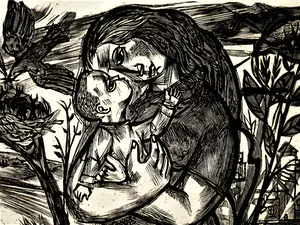 Lou Strik - meester Graficus - grote Hout/Linosnede "moeder en kind" gesigneerd kopen? Bied vanaf 36!