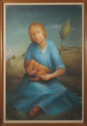 Peter Miedema - Pasteltekening, Meisje met konijn - Ingelijst (Groot) kopen? Bied vanaf 150!