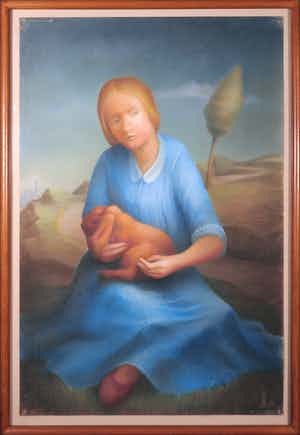 Peter Miedema - Pasteltekening, Meisje met konijn - Ingelijst (Groot) verkocht voor € 150!