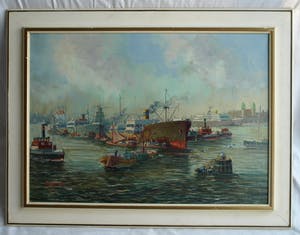 Niet of onleesbaar gesigneerd - Olieverf op doek , Havengezicht, Rotterdam? – ingelijst & gesigneerd kopen? Bied vanaf 1!