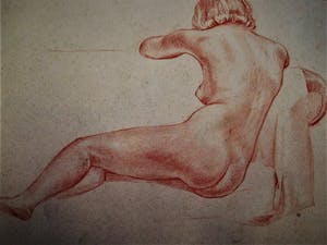 Chris Moret - Roodkrijt/Potlood ca. 1940 - "vrouwelijk Naakt op sofa / verso idem" gesigneerd kopen? Bied vanaf 30!