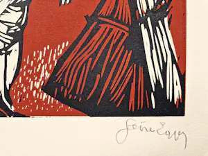 Gene Eggen - Jaren 60 kleuren houtsnede - vrouw in zomers landschap - gesigneerd kopen? Bied vanaf 40!