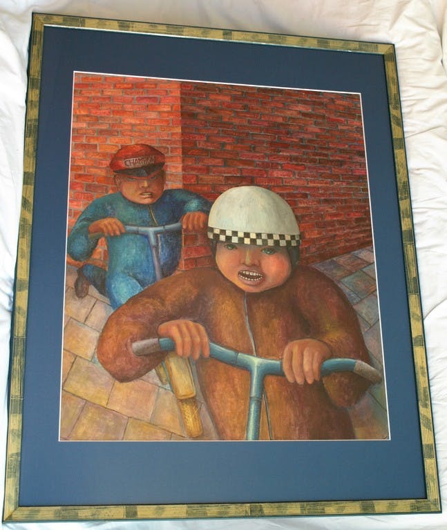 An Beerman - Gouache , Jongens met step - ingelijst - 93 x 73 cm - ca 1975  kopen? Bied vanaf 100!