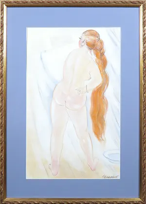 Niet of onleesbaar gesigneerd - Gemengde techniek op papier, Staand naakt - Ingelijst kopen? Bied vanaf 1!