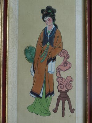 Niet of onleesbaar gesigneerd - Ingelijste gouache op zijde, Japan? China? , Vrouw kopen? Bied vanaf 1!