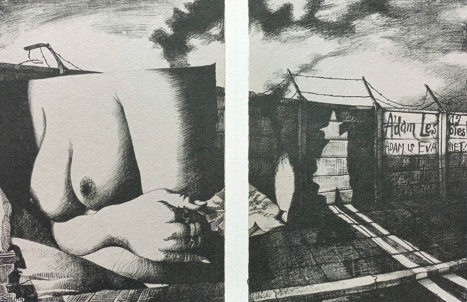 Nicolaas Wijnberg - Naakt over de schutting, originele dubbelpagina litho verkocht voor € 50!