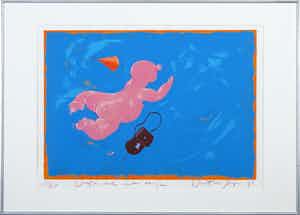 Wouter Stips - Zeefdruk, Vrije val met tasje - Ingelijst verkocht voor € 35!