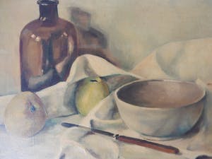 Johannes Dirk Verboom - stilleven-appels op doek met fles,schaal en mes kopen? Bied vanaf 75!