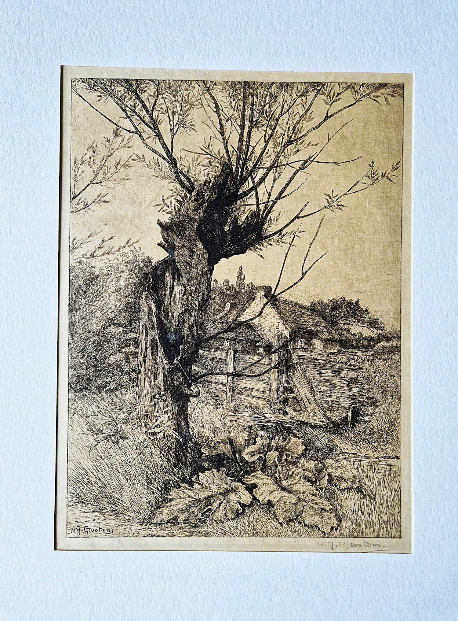 Adrianus Johannes Grootens - Fraaie jaren 30 Ets "Wilg bij boerderij" - potloodgesigneerd kopen? Bied vanaf 28!