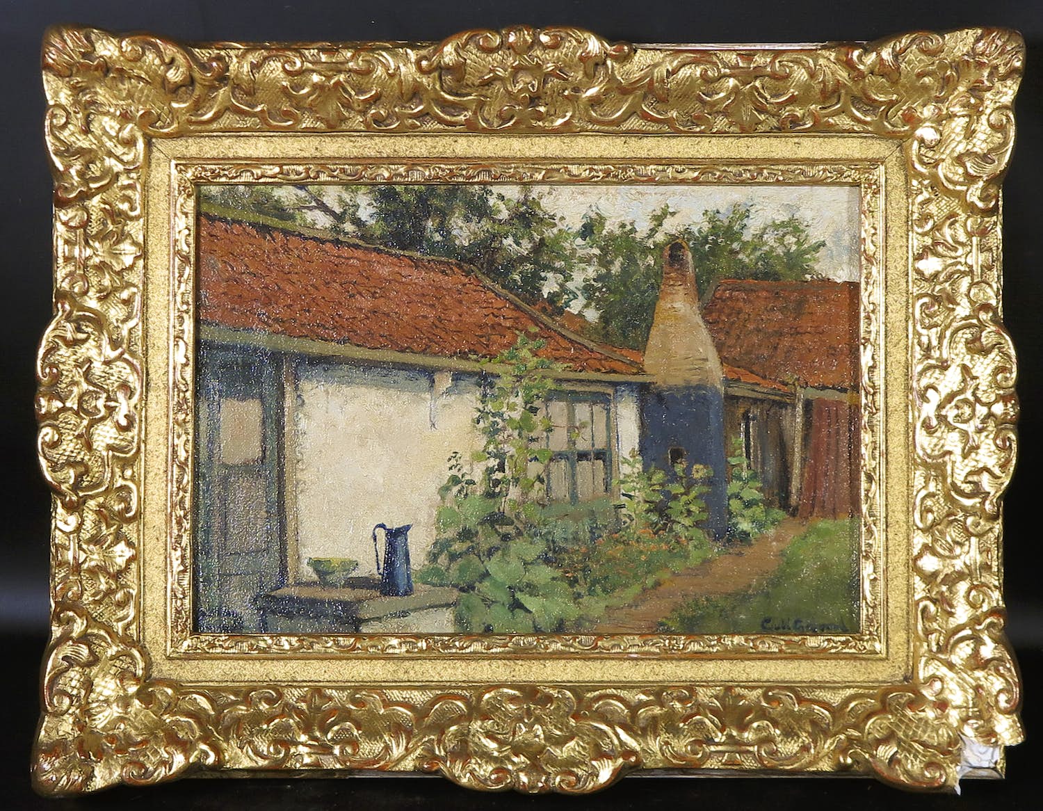 Niet of onleesbaar gesigneerd - Olieverf op doek, Achtererf van een boerderij - Ingelijst kopen? Bied vanaf 1!