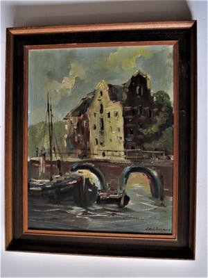 Jan Kelderman - Omstreeks 1950 geschilderd olieverf - Amsterdam boten in de de Brouwersgracht kopen? Bied vanaf 10!