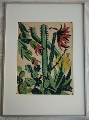 Jeanne Bieruma Oosting - Ingelijste linoleumsnede , ‘Exotische tuin’ – 1957 kopen? Bied vanaf 75!