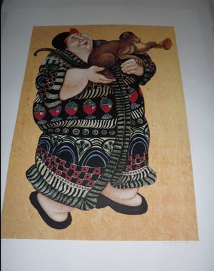Ada Breedveld - Zeefdruk. z.t. (Dame in kimono met aap) kopen? Bied vanaf 30!