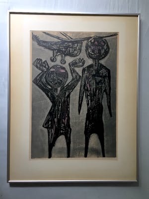 Ru van Rossem - Two figures watching helicopter - Houtsnede, Ingelijst kopen? Bied vanaf 99!