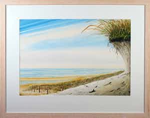 Dirk Visser - Gemengde techniek op papier, Strandlandschap - Ingelijst (Groot) verkocht voor € 1!