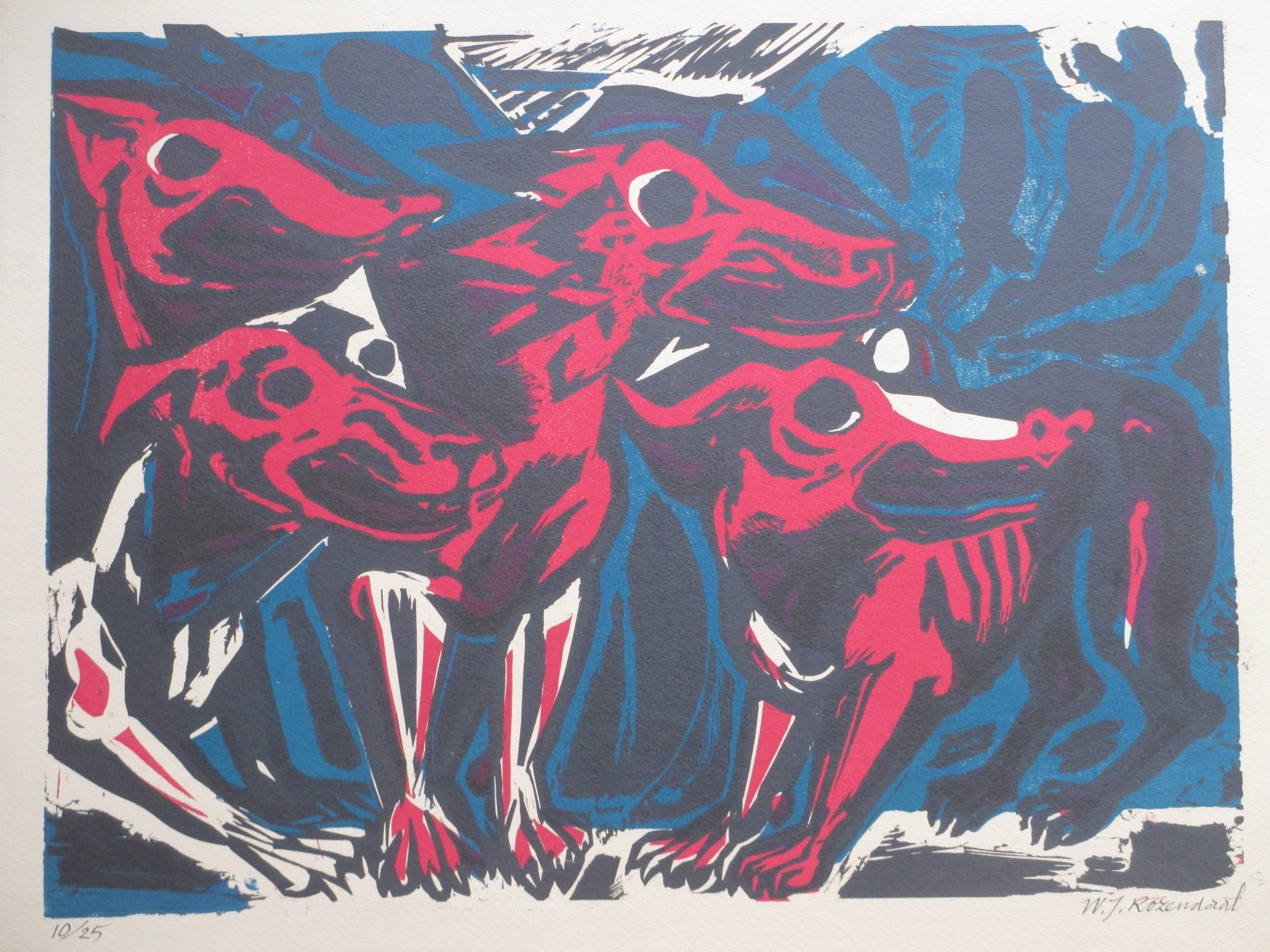 Willem Rozendaal - De Honden - Kleurenlinosnede verkocht voor € 50!