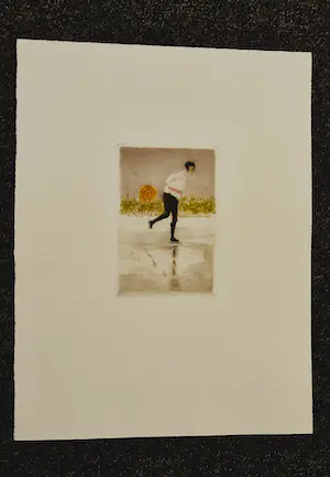 Mart Kempers - Fraaie aquatint ets - schaatser bij ondergaande zon - potloodgesigneerd kopen? Bied vanaf 50!