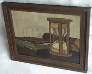 Jo Lodeizen - Olieverf op paneel, Stilleven met boeken en zandloper – 1931 kopen? Bied vanaf 1!