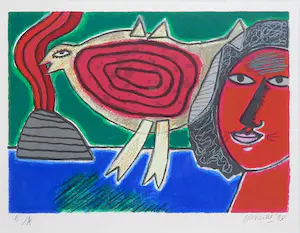 Corneille - Zeefdruk, Femme et oiso rouge - Ingelijst kopen? Bied vanaf 1!