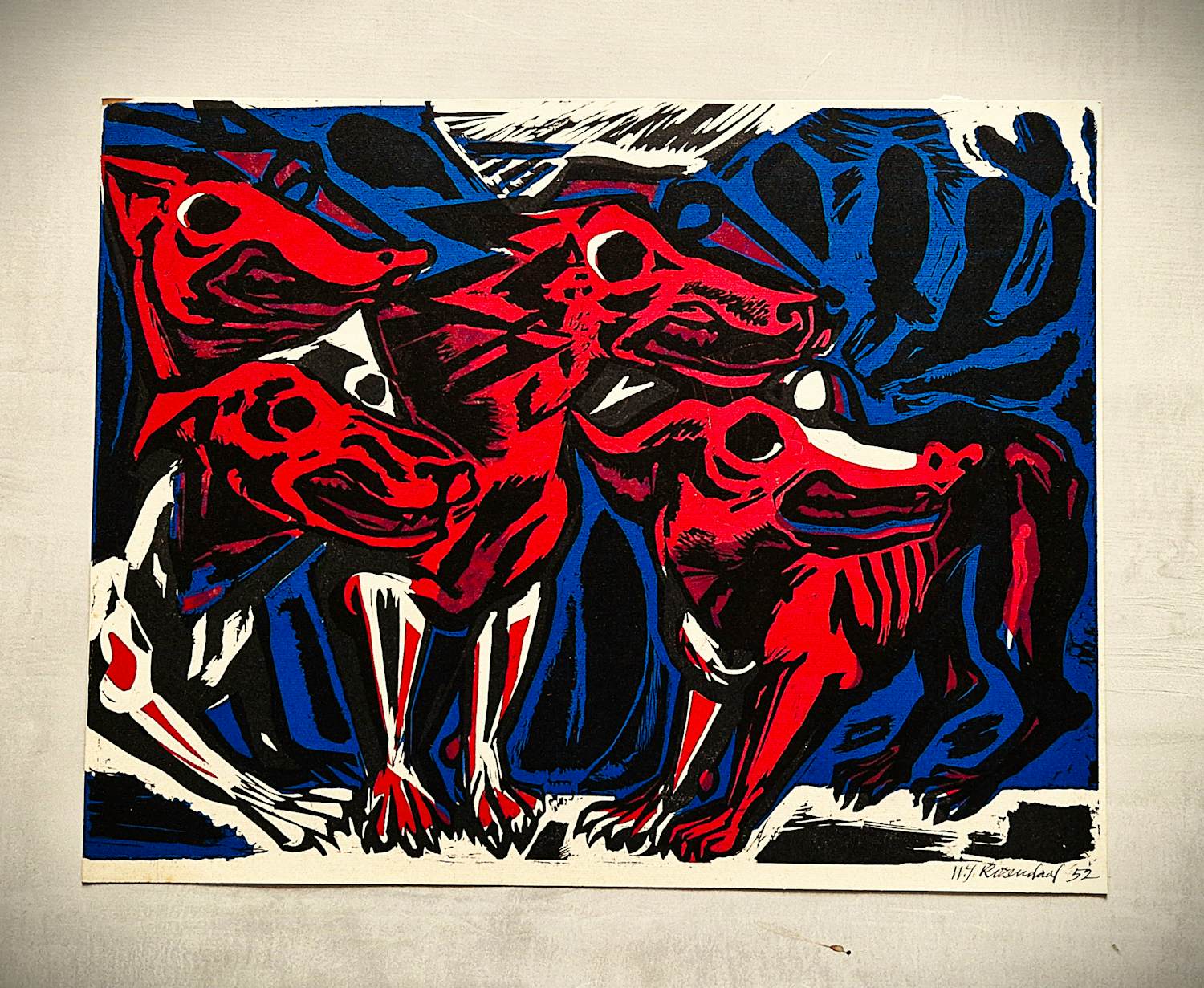 Willem Rozendaal - in 1952 gemaakte (handgekleurde) Linosnede "Hellehonden" gesigneerd kopen? Bied vanaf 31!