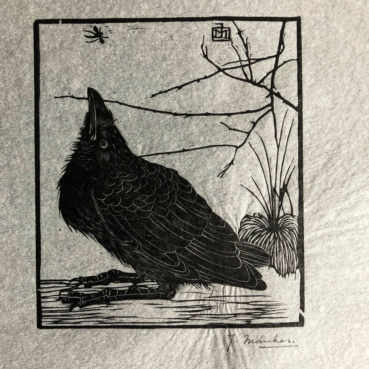 Jan Mankes - Houtsnede kleine kraai kijkend naar mugje - Gesigneerd - 1918 verkocht voor € 375!