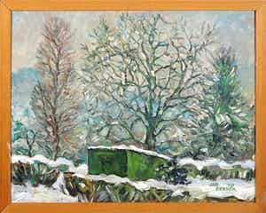Jan Dekker - Olieverf op Hardboard, Tuinzicht Winter, Ingelijst verkocht voor € 1!