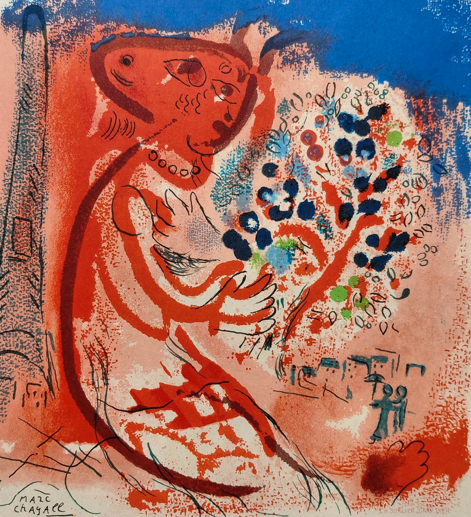 Marc Chagall - Compositie met figuur met boeket bloemen, litho (mooi ingelijst) kopen? Bied vanaf 150!
