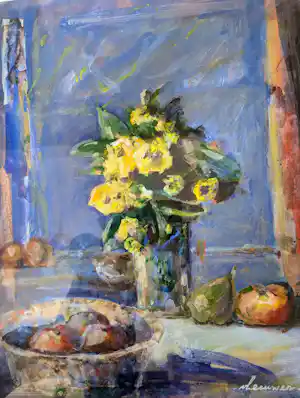 Wil van Leeuwen - STILLEVEN MET GELE BLOEMEN EN VRUCHTEN IN SCHAAL verkauft für € 40!