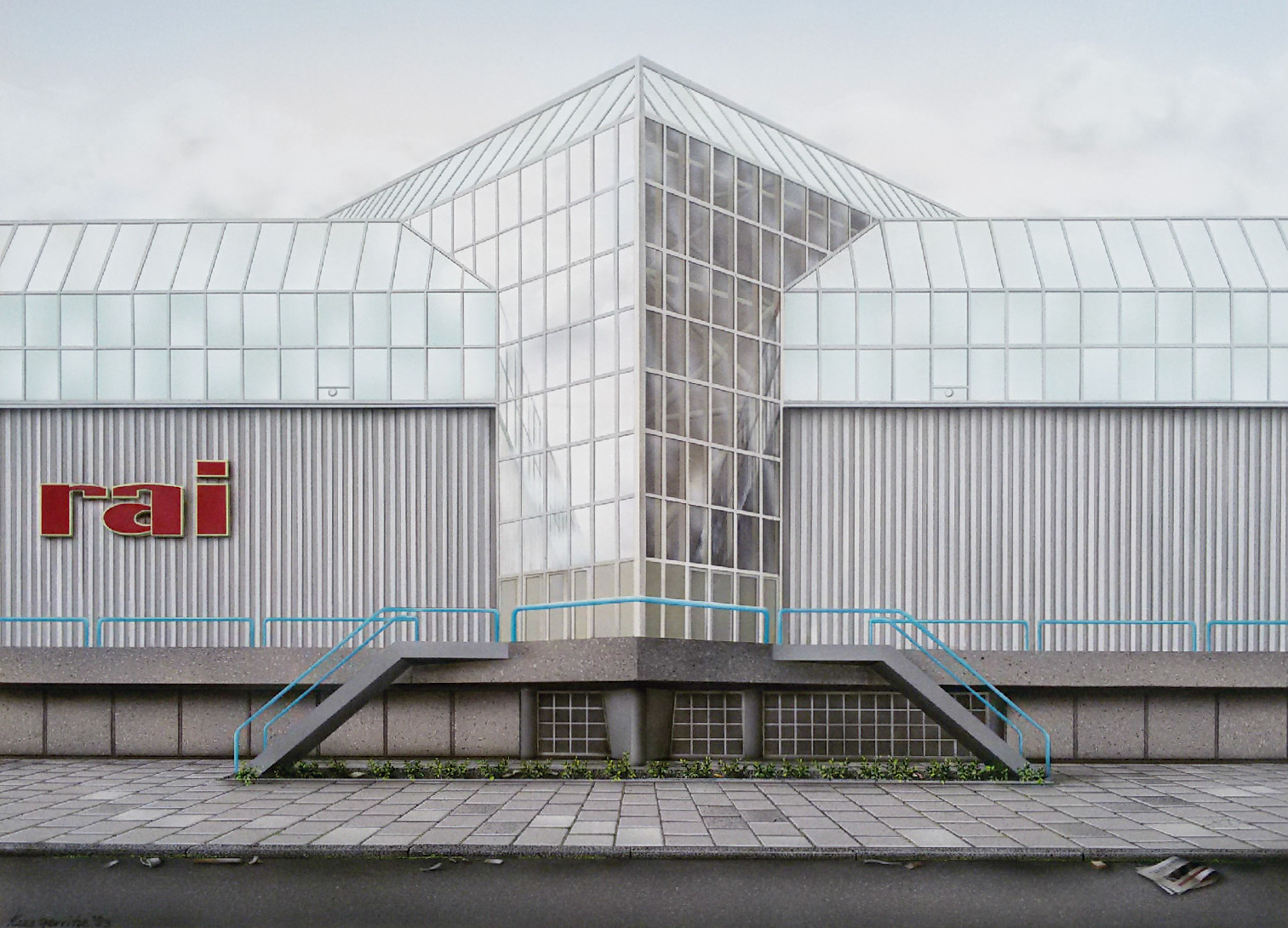 Kees Gerritse - Het RAI gebouw, gouache op glad karton verkocht voor € 225!