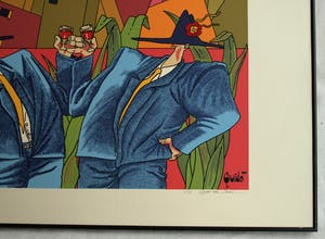 Guido van Driel - Grote ingelijste zeefdruk , ‘Proost, huizen’ - 1990 – 75 x 95 cm. kopen? Bied vanaf 50!