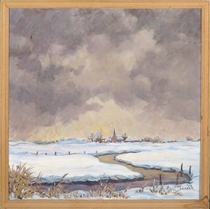 Jan Dekker - Olieverf op hardboard, Polderdorp Winter, Ingelijst kopen? Bied vanaf 1!
