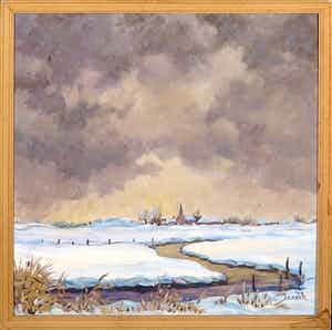 Jan Dekker - Olieverf op hardboard, Polderdorp Winter, Ingelijst verkocht voor € 1!