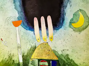 Michel van Overbeeke - Grote in zeer kleine E.A. oplage (5) gemaakte kleuren ets "Ritueel II" vendu pour 92€ !
