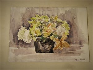 Ronald Terpstra - gesigneerd impressionistisch aquarel stilleven paars-gele bloemen kopen? Bied vanaf 30!