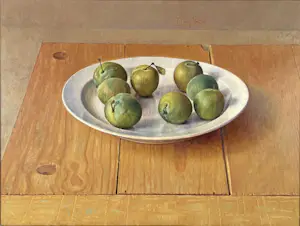 Piet Sebens - olieverf op paneel - stilleven: groene pruimen op schaal - 1988 kaufen? Bieten Sie von 1000!