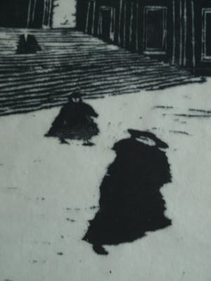 Niet of onleesbaar gesigneerd - Ingelijste houtsnede, Nonnen wandelend in de storm – 1966 kopen? Bied vanaf 1!